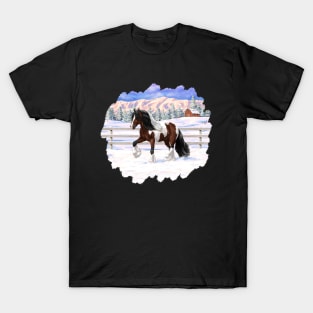 Bay Brown Pinto Skewbald Gypsy Vanner Draft Horse Trotting in Snow T-Shirt